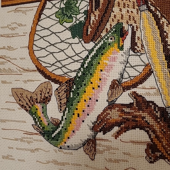Vintage Fisherman's Fishing Gear Finished Cross Stitch Sampler - Picture 11 of 16